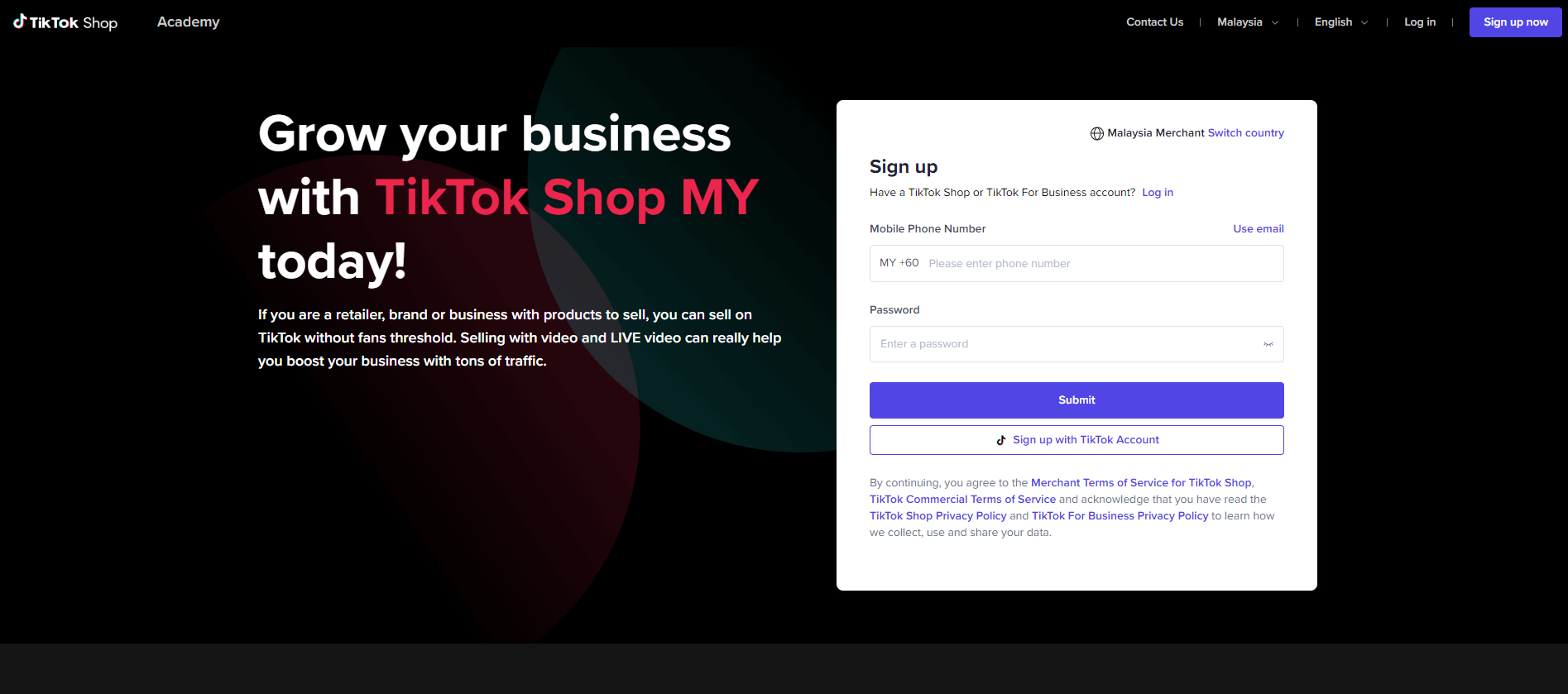 Sign up a TikTok Shop Account