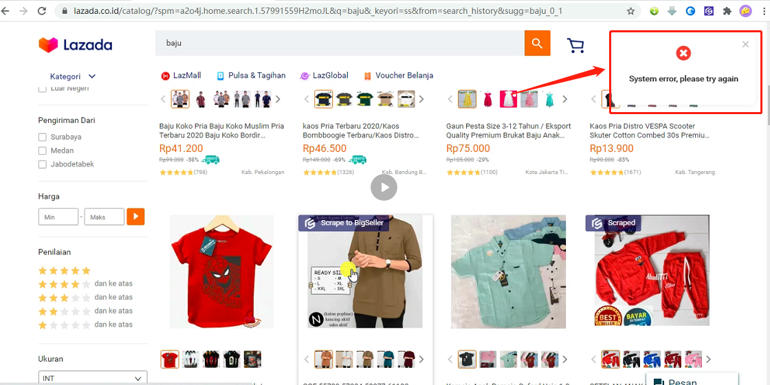 System Error when scraping Lazada products, Ralat Sistem (System Error) semasa menskrap produk Lazada, daftar BigSeller secara percuma, erp percuma free, malaysia, kedai online, shopee, lazada, tiktokshop, sistem erp, erp, boost sales, ecommerce, bigseller, erp percuma senang mudah, easy free erp, shopee store, kedai shopee, online business