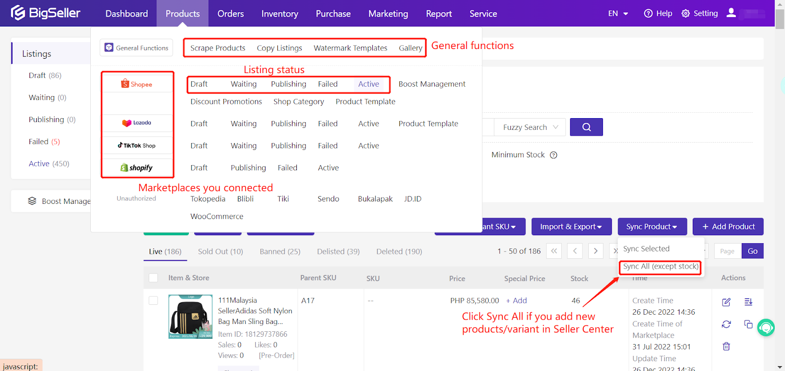 Syncing products from multiple marketplaces in BigSeller