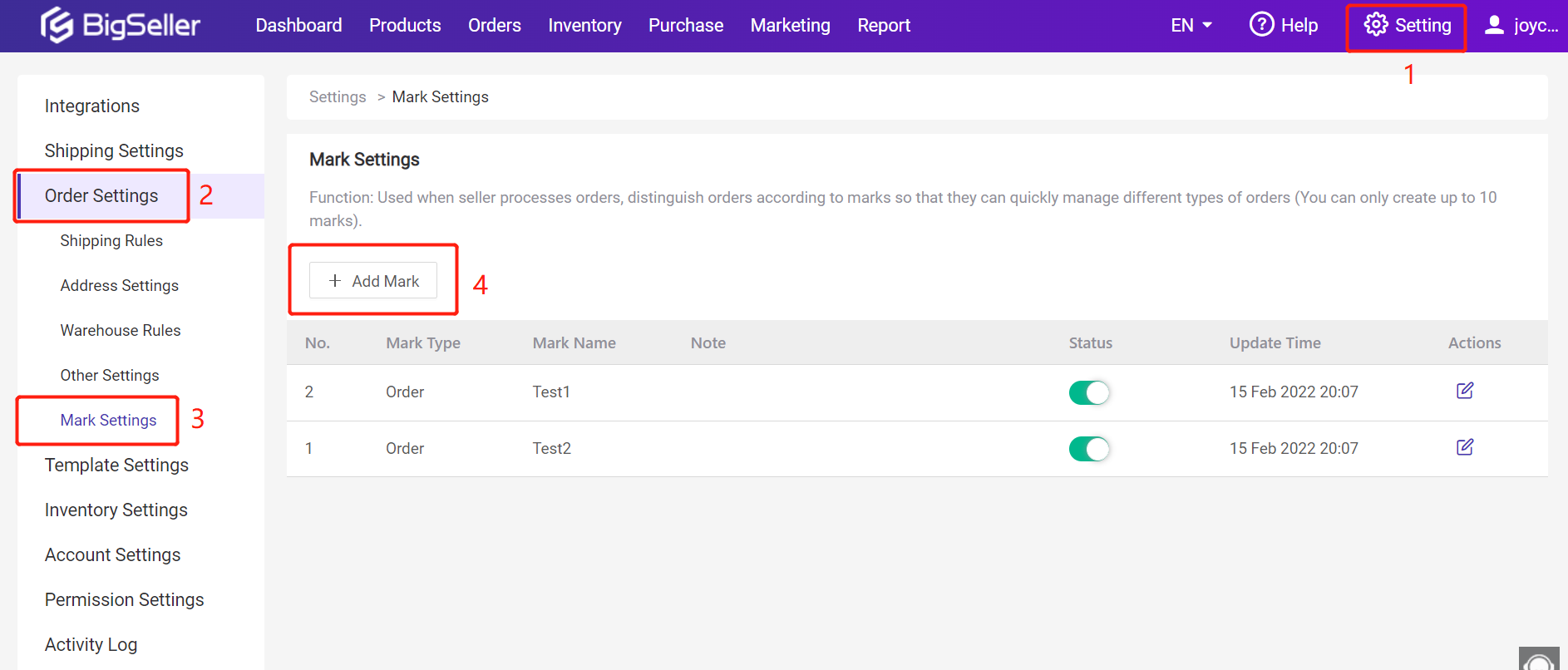 BigSeller Shopee Mark Settings