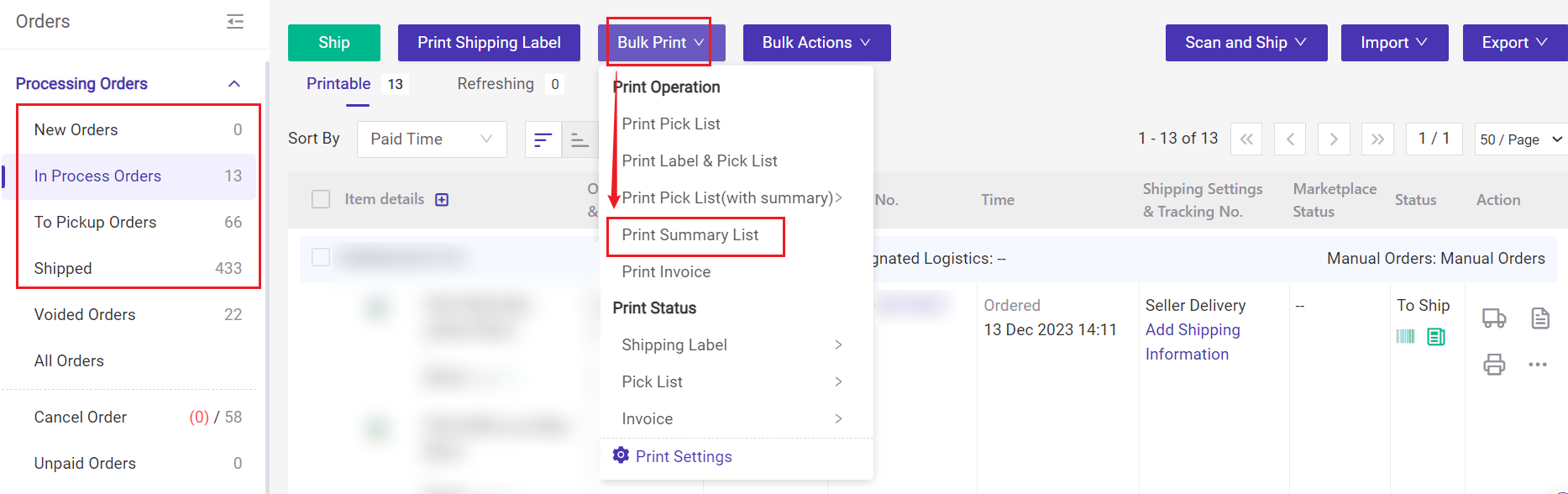 BigSeller Bulk Print Summary List