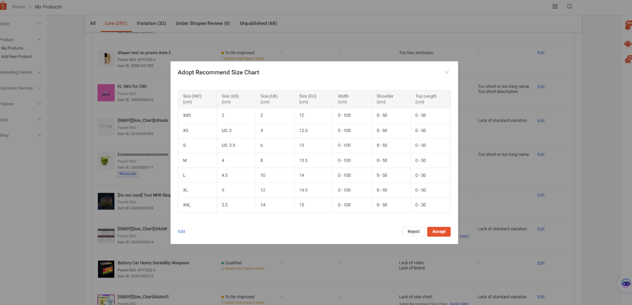 3shopee size chart 2025 